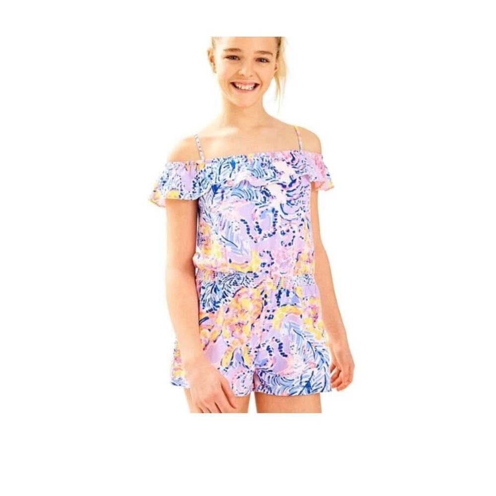 Lilly Pulitzer Girls Emoni Romper in Lilac Verbena Ruffle Size L 8-10